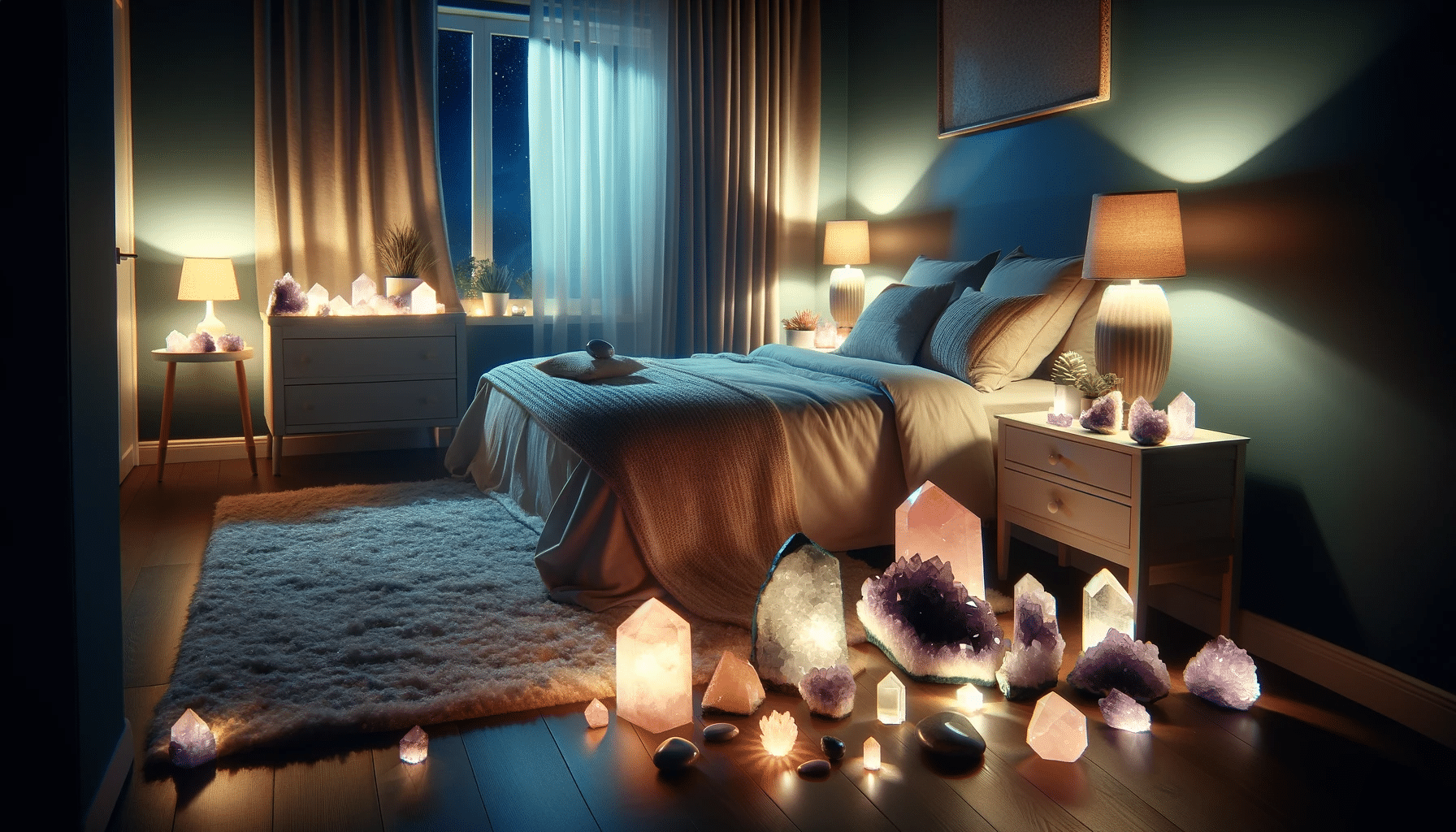 En säng omringad av kristaller